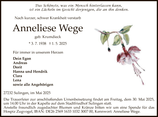 Todesanzeige von Anneliese Wege von SYK