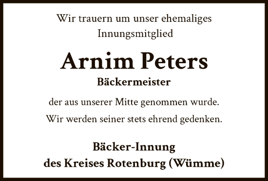 Todesanzeige von Arnim Peters von SYK