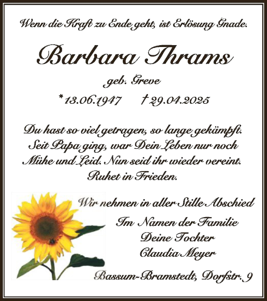 Todesanzeige von Barbara Thrams von SYK