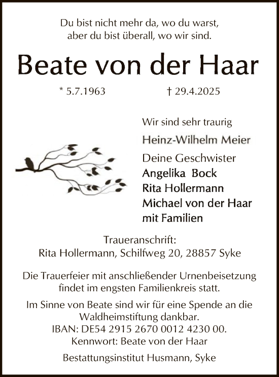 Todesanzeige von Beate von der Haar von SYK