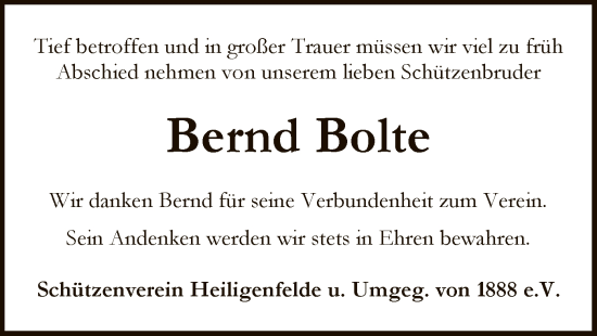 Todesanzeige von Bernd Bolte von SYK
