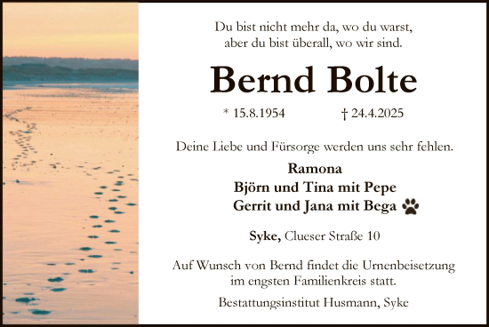 Todesanzeige von Bernd Bolte von SYK