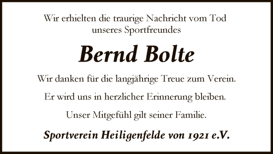 Todesanzeige von Bernd Bolte von SYK