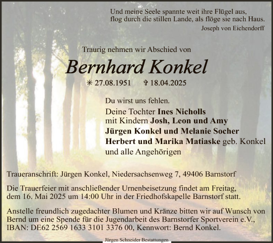 Todesanzeige von Bernhard Konkel von SYK