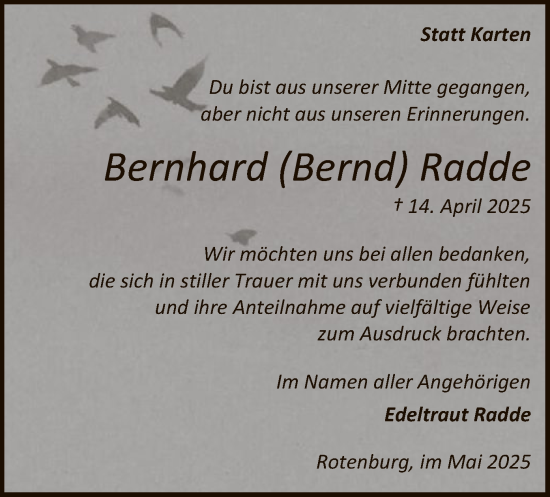 Todesanzeige von Bernhard Radde von SYK