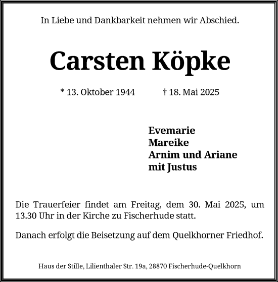 Todesanzeige von Carsten Köpke von SYKS