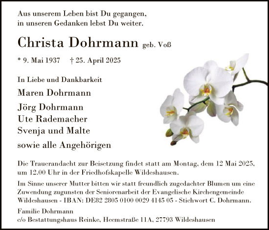 Todesanzeige von Christa Dohrmann von SYK