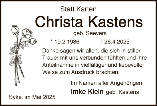 Todesanzeige von Christa Kastens von SYKSSYKS