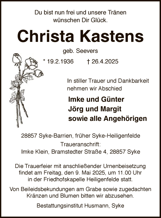 Todesanzeige von Christa Kastens von SYKSYK