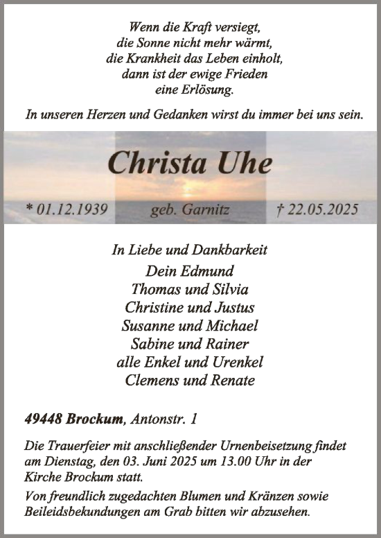 Todesanzeige von Christa Uhe von SYKS