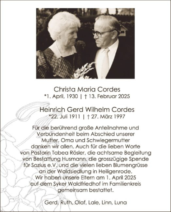Todesanzeige von Christa und Heinrich Cordes von SYK