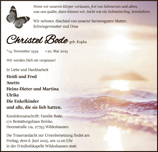 Todesanzeige von Christel Bode von SYKSSYWZ