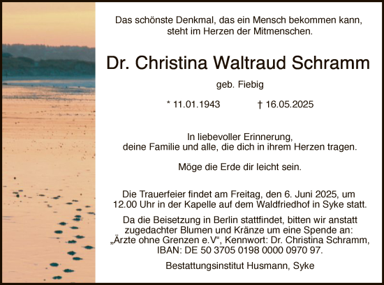 Todesanzeige von Christina Waltraud Schramm von SYKS