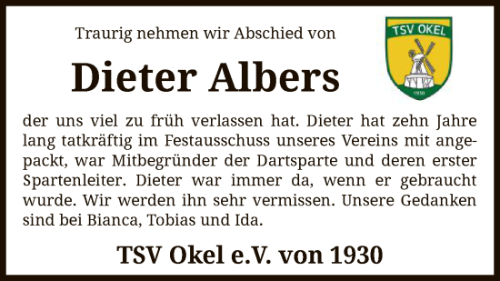Todesanzeige von Dieter Albers von SYK
