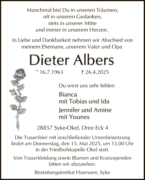 Todesanzeige von Dieter Albers von SYK