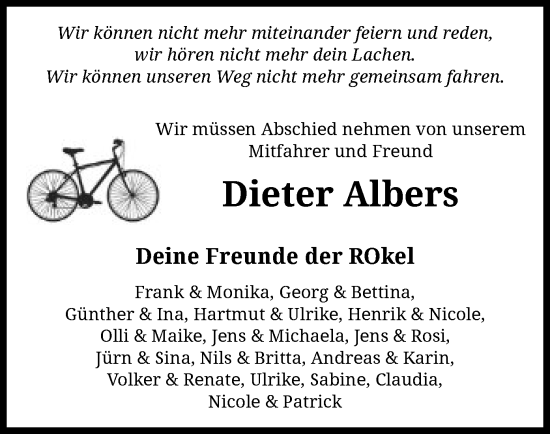 Todesanzeige von Dieter Albers von SYK