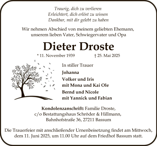 Todesanzeige von Dieter Droste von SYKS