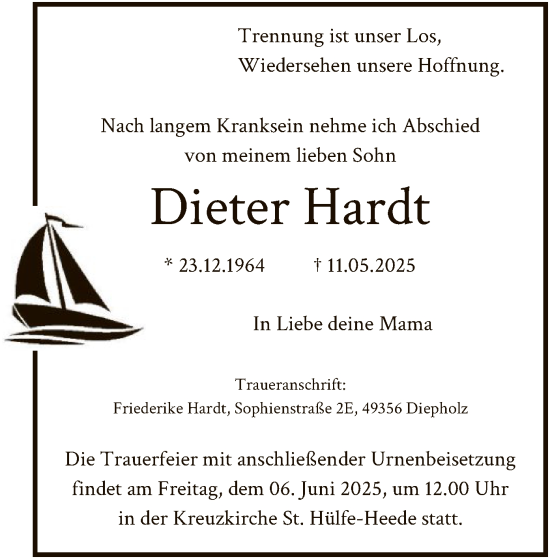 Todesanzeige von Dieter Hardt von SYKS