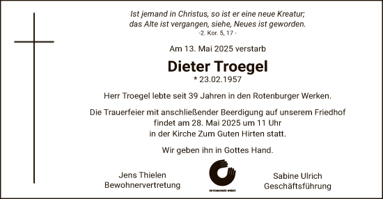 Todesanzeige von Dieter Troegel von SYKR