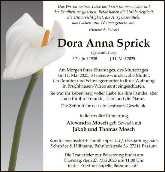 Todesanzeige von Dora Anna Sprick von SYKS