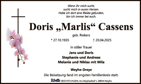Todesanzeige von Doris  Cassens von SYK