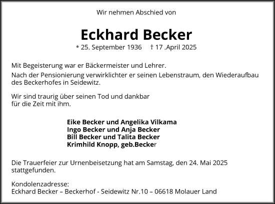 Todesanzeige von Eckhard Becker von SYK