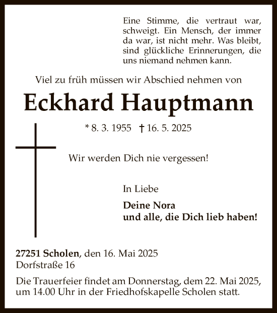 Todesanzeige von Eckhard Hauptmann von SYKS