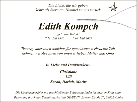 Todesanzeige von Edith Kompch von SYKS