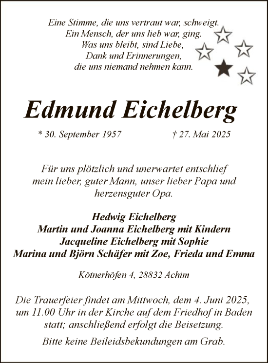 Todesanzeige von Edmund Eichelberg von SYKS