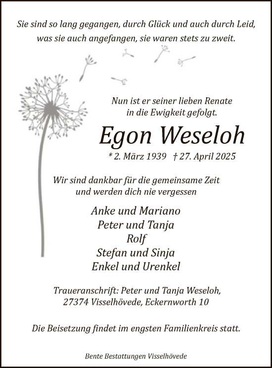 Todesanzeige von Egon Weseloh von SYK