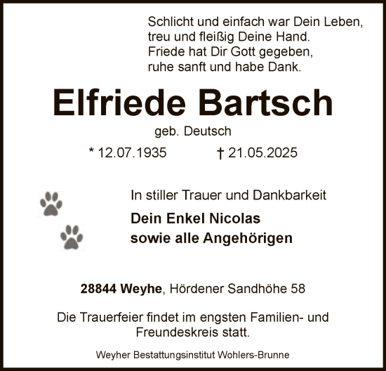 Todesanzeige von Elfriede Bartsch von SYKS