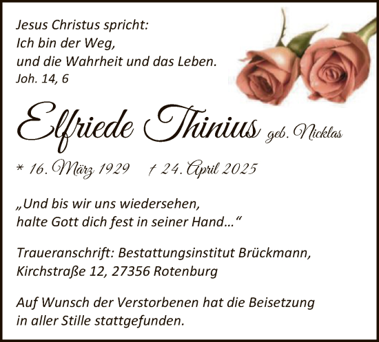 Todesanzeige von Elfriede Thinius von SYK