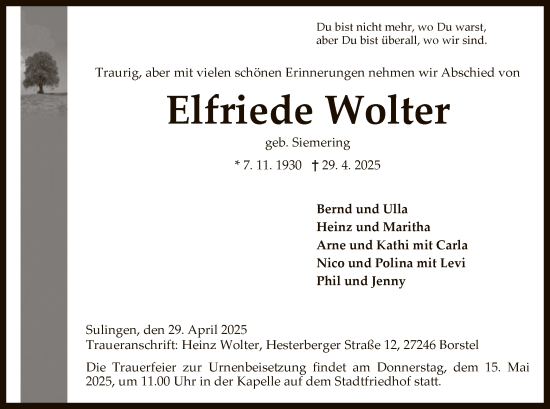 Todesanzeige von Elfriede Wolter von SYK