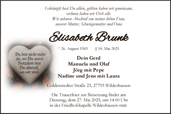 Todesanzeige von Elisabeth Brunk von SYWZ