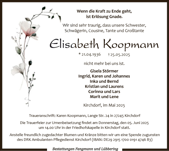 Todesanzeige von Elisabeth Koopmann von SYKS