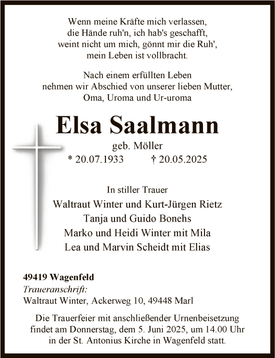 Todesanzeige von Elsa Saalmann von SYKS