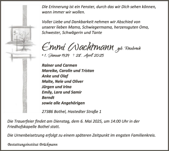 Todesanzeige von Emmi Wachtmann von SYK