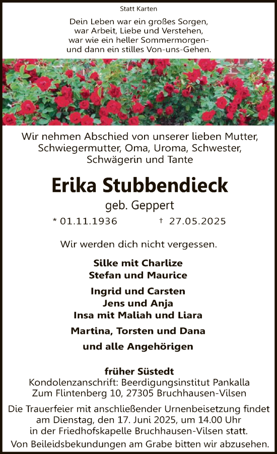 Todesanzeige von Erika Stubbendieck von SYKSSYKS