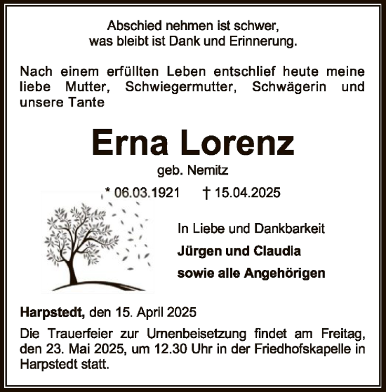 Todesanzeige von Erna Lorenz von SYKSYK