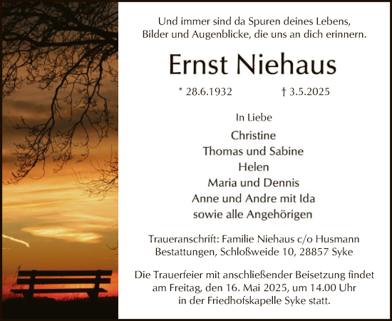 Todesanzeige von Ernst Niehaus von SYK