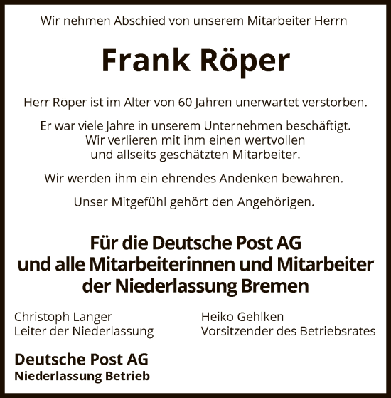 Todesanzeige von Frank Röper von SYKS