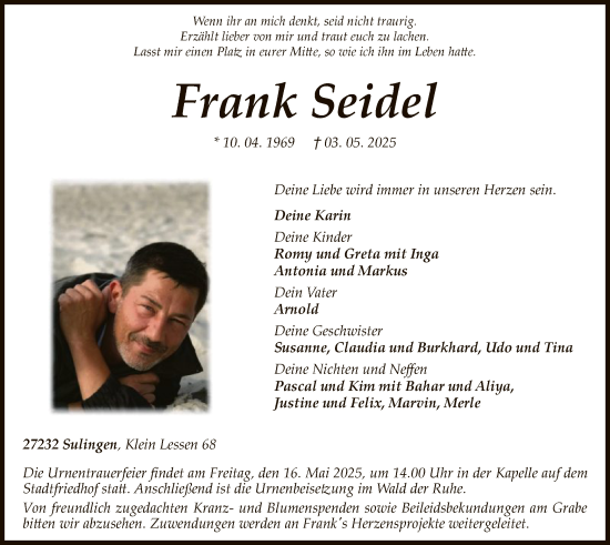 Todesanzeige von Frank Seidel von SYK