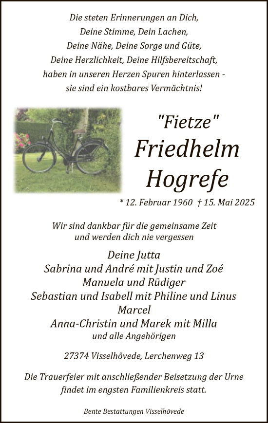 Todesanzeige von Friedhelm Hogrefe von SYKR