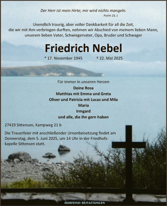 Todesanzeige von Friedrich Nebel von SYKR