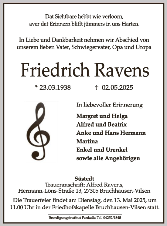 Todesanzeige von Friedrich Ravens von SYK