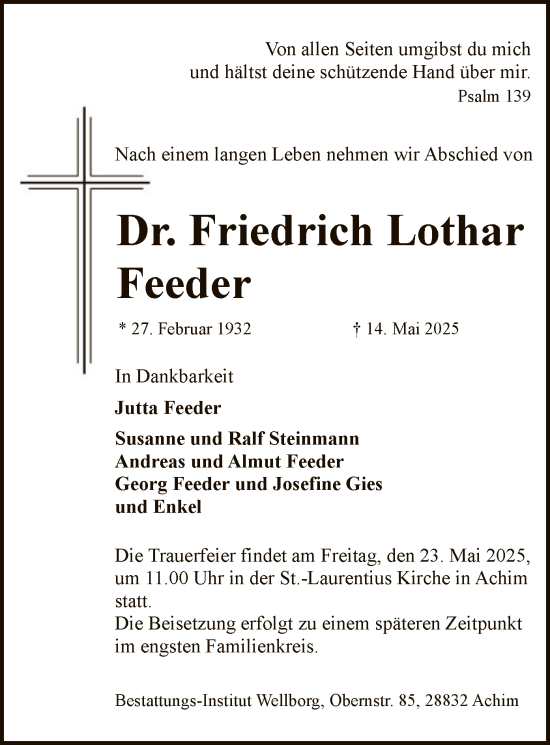 Todesanzeige von Friedrich Lothar Feeder von SYK