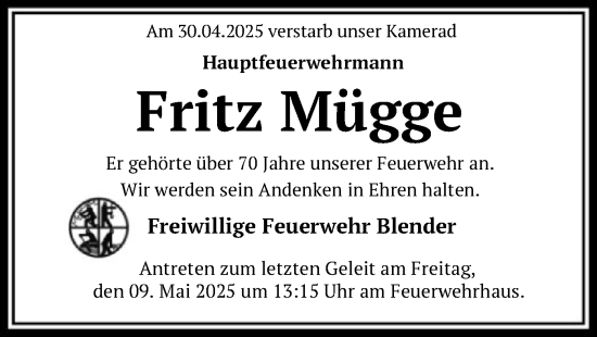 Todesanzeige von Fritz Mügge von SYK