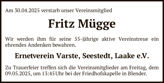 Todesanzeige von Fritz Mügge von SYK