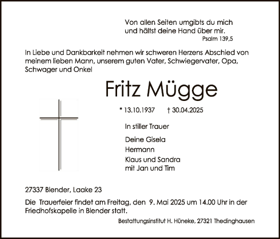 Todesanzeige von Fritz Mügge von SYK