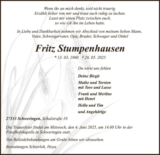 Todesanzeige von Fritz Stumpenhausen von SYKS